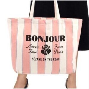 Sézane Bonjour Amour Tour Pink Striped Cotton Canvas Tote Bag Minimalist Chic